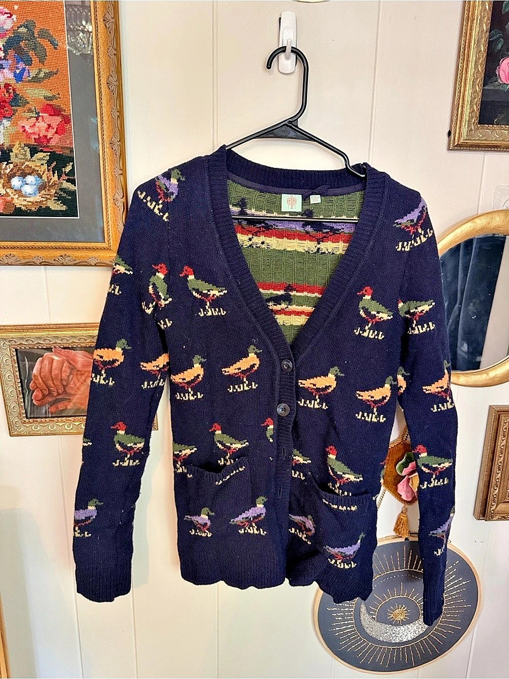 Anthropologie Duck Pattern Wool Cardigan Size Small
